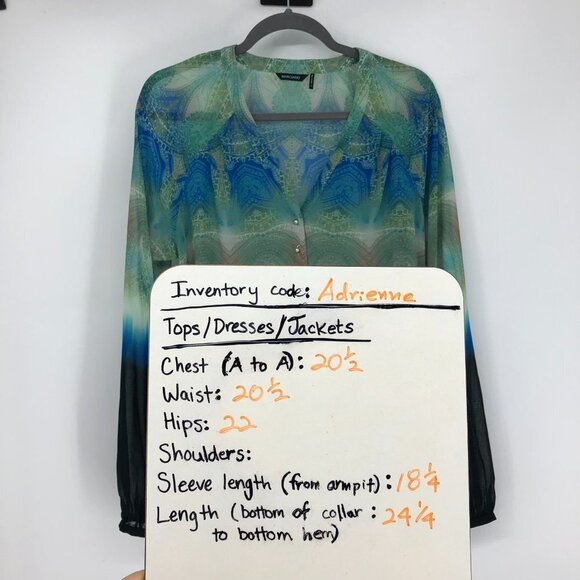 NWT Marciano paisley patterned green blue ombre long sleeve button neck top S - Picture 16 of 16